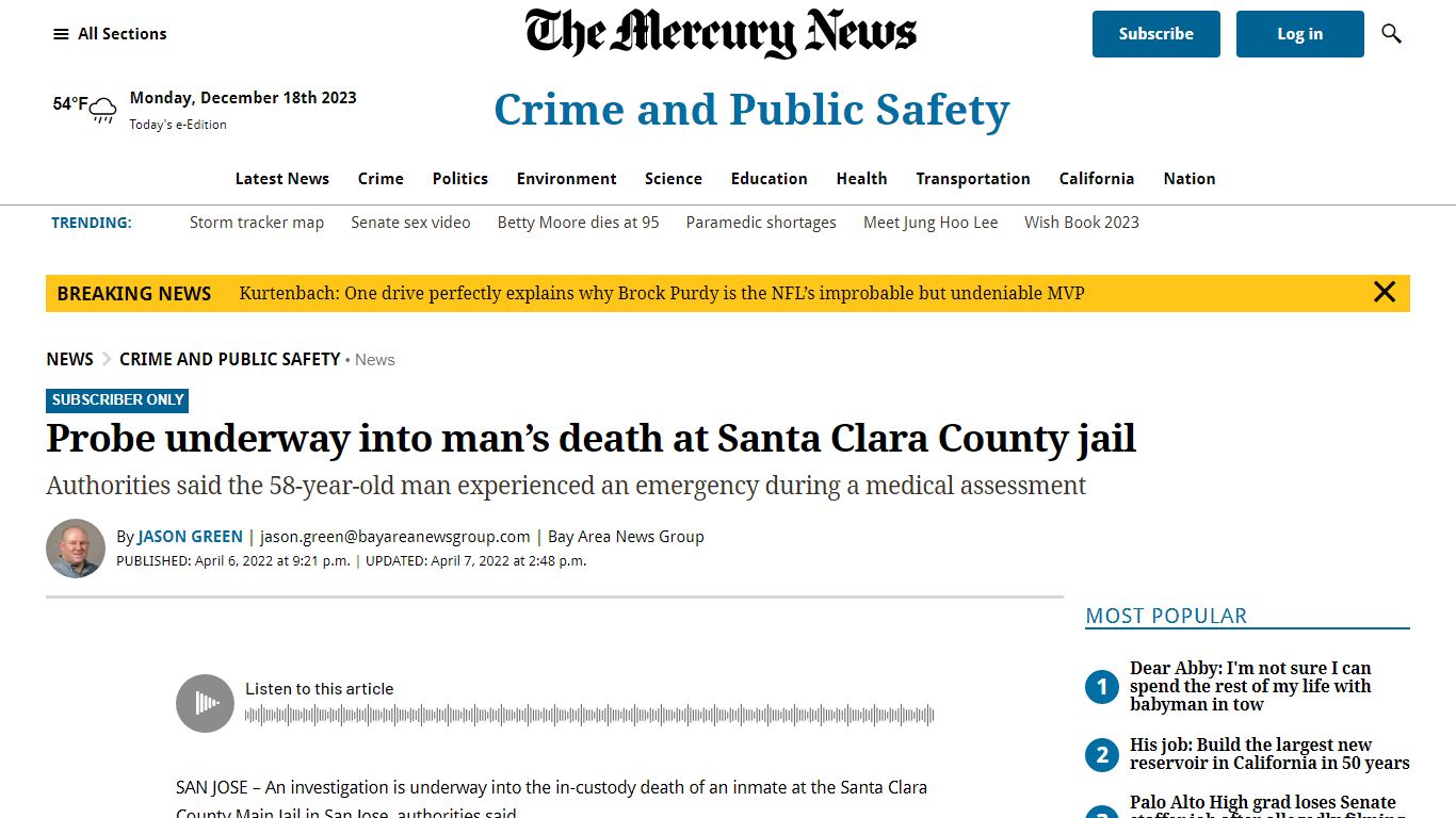 Probe underway into inmate’s death at Santa Clara County jail